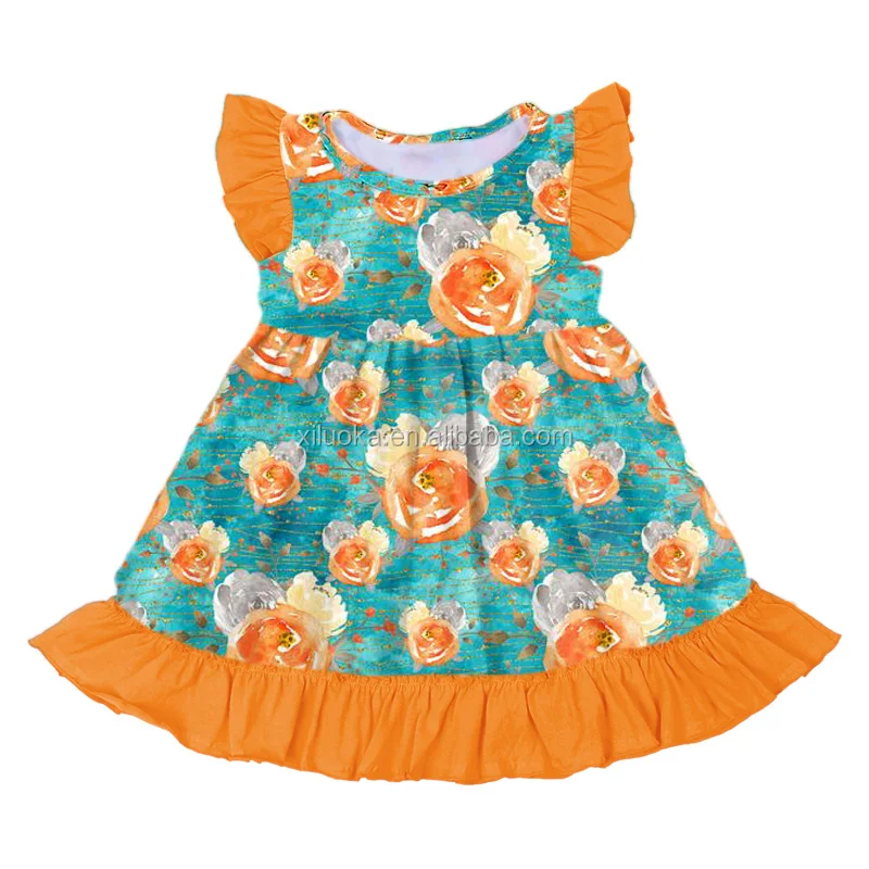 

Wholesale Kids Boutique Clothing Girl Clothes Floral Orange Fall Children Dress, Picture