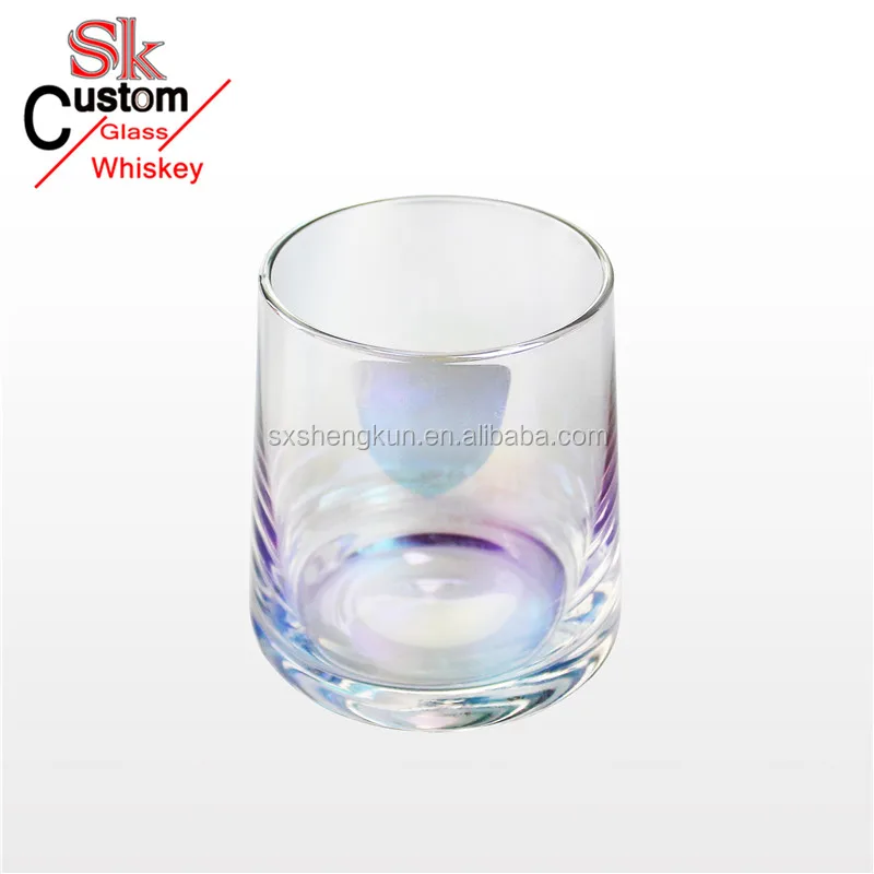 
Hand crafted transparent lead free crystal electroplated rainbow color whiskey glass 