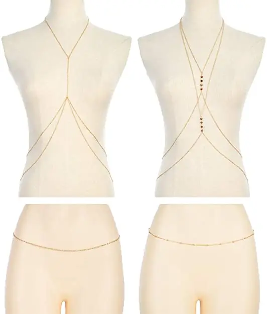 

Sexy Retro Shiny Rhinestone Body Chain Jewelry Trendy Bikini Beach Boho Bra Chain Waist Belt Chains for Women Girls Gold Tone