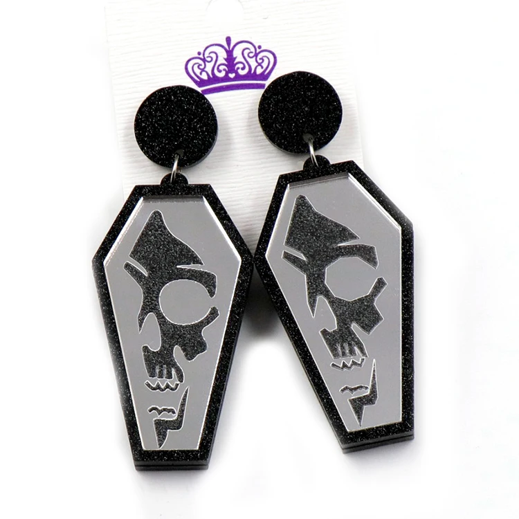 

ERS525ER1267 Good Selling Halloween Silver Mirror Skull Engraved Acrylic Black Grave Earrings