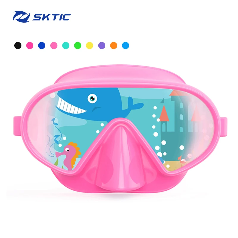 

SKTIC Pink Snorkel Goggles Adult Single Lens Tempered Glass Black Silicone Kids Swimming Mask Children