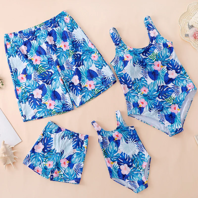 

2021 New Design Mommy and Me Swimsuit One Piece Floral Printed Family Matching Swimwear Mom Dad Daughter Son