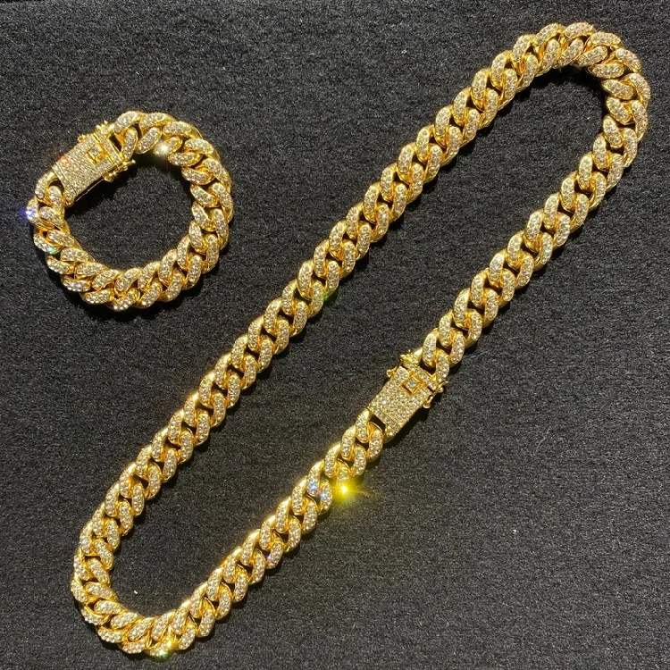 

18k Gold Box Lock Iced Out 20mm Cuban Link Chain Necklace Bracelet Diamond Jewelry Set