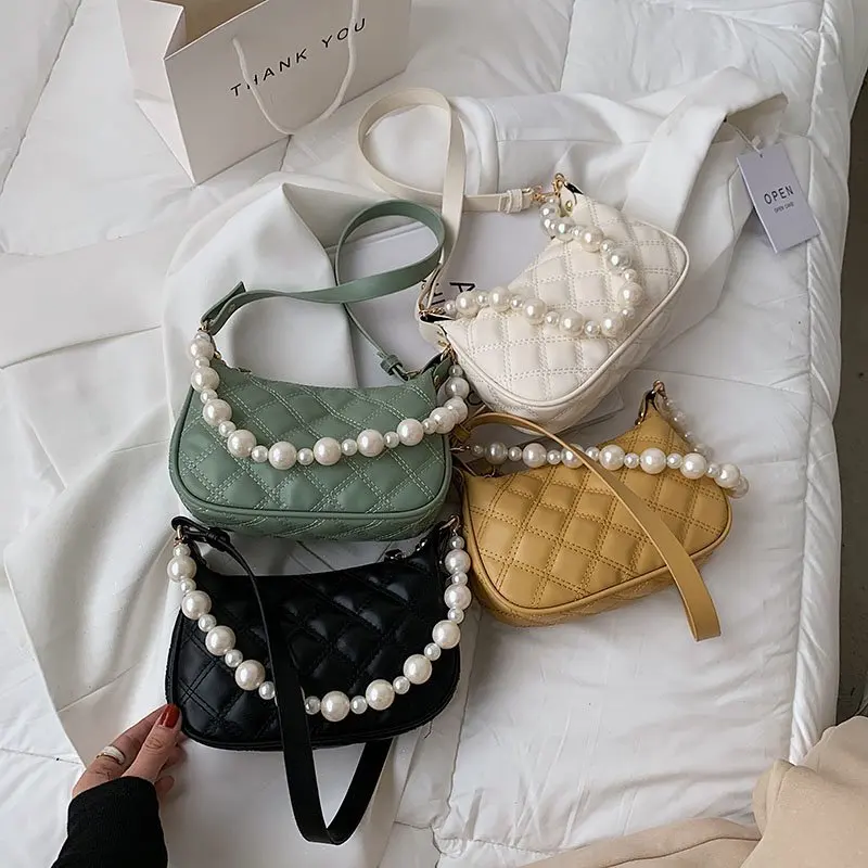 

2021 Trending Ladies Simple Armpit Crossbody Bags Pearl Beaded PU Leather Small Handbags for Women Chain Shoulder
