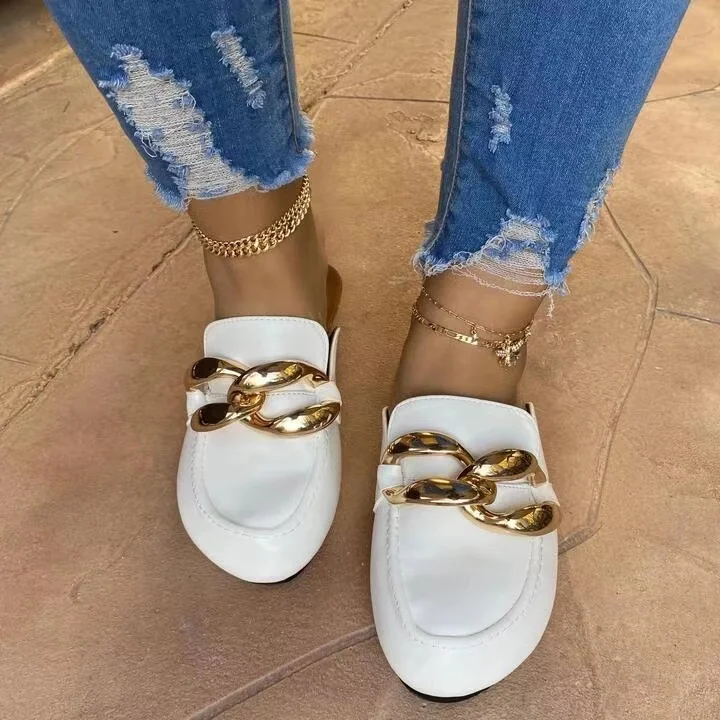 

Women Slipper Fashion Big Gold Chain Sandals Shoes Round Toe Slip On Mules Flat Heel Casual Slides Flip, As picture