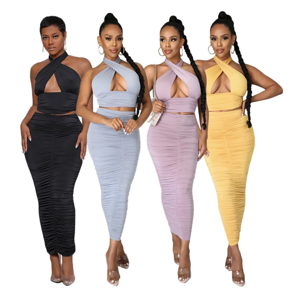 

Sleeveless Halter Sexy Top and Skirts Two Piece Set Women Party Club Outfits Lace Up Tie Crop Top Matching Set