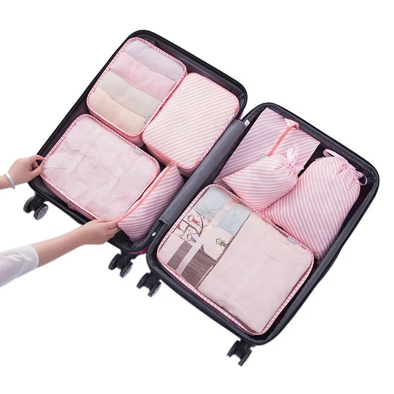 

Custom Solid Color 8pcs Clothes Luggage Compression Pouches Packing Cubes Travel Storage Organizer Bags