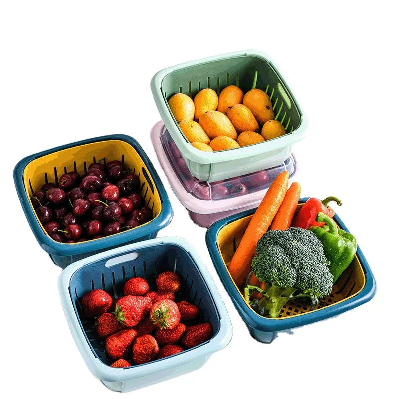 

Double Drain Basket Kitchen Refrigerator Fresh-keeping Box Vegetable Fruit Storage Basket, Pink/green/blue/yellow