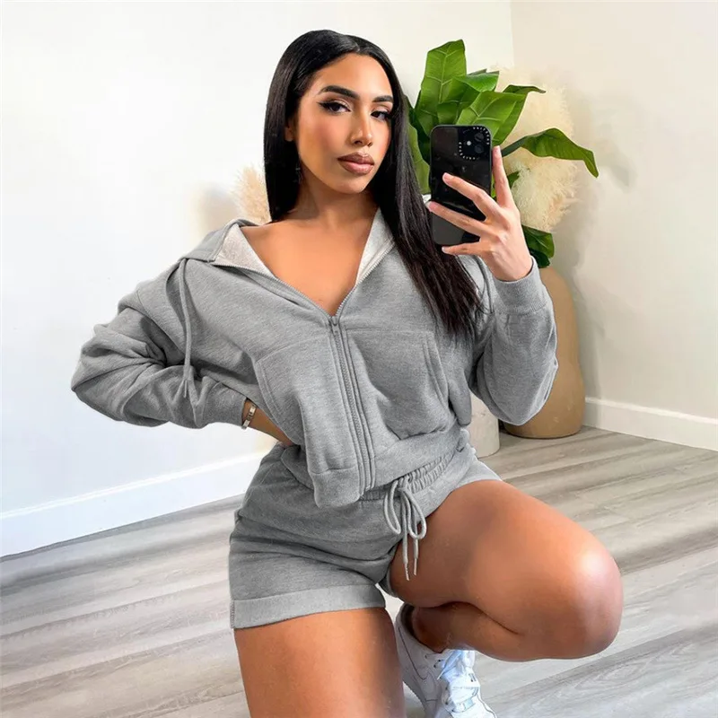 

Custom Brand Zipper Long Sleeve Cro Top Tracksuit Girl Sweatsuit Two Piece Shorts Set jogger cropped sweatshirt hoodies sets