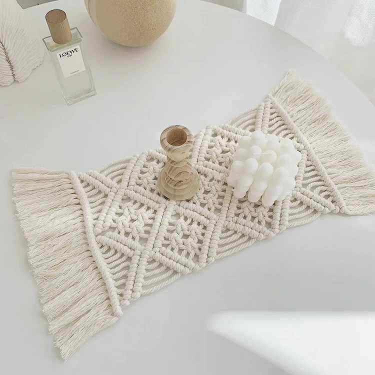 

Macrame Cotton Table Runner Handwoven Cotton Boho Table Runner Home Rustic Farmhouse Dining Table Decor, White yellow brown or customized color