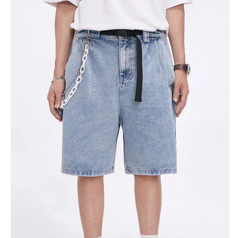 

New Buckle Belt Big Pocket Spliced Simple Loose Denim Shorts Man, Blue