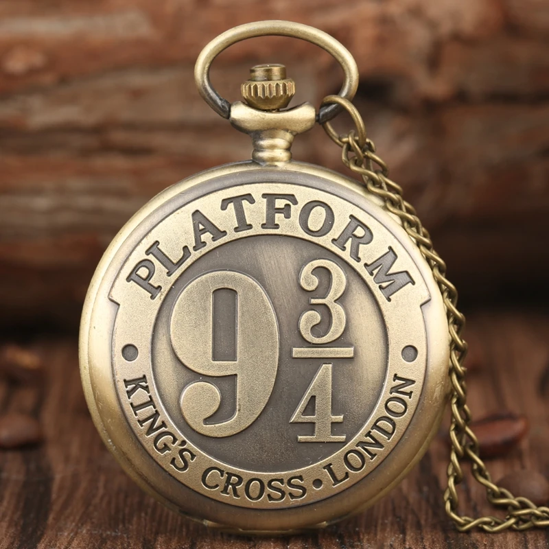 

Hot Movie Extension King's Cross London 9 3/4 Platform Quartz Pocket Watch Bronze Full Hunter Necklace Pendant Clock reloj 2021