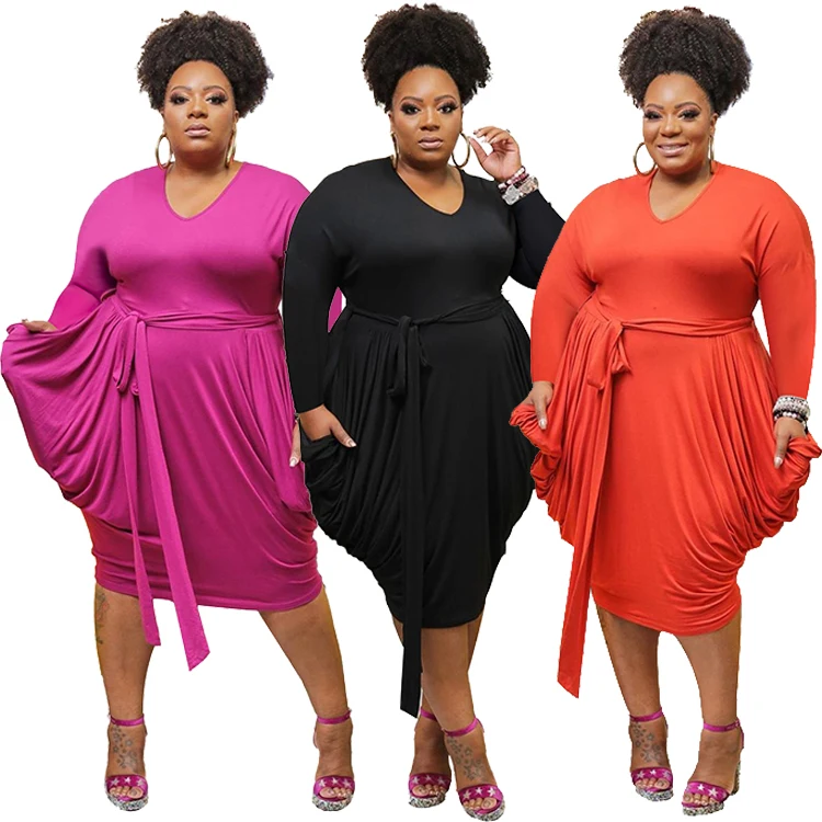 

Round-necked Fold Lantern Skirt Belt Long Sleeve Women Dress Custom Solid 4XL Plus Size Casual Dresses Ladies Dresses Autumn
