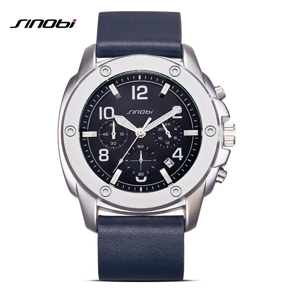 

SINOBI Chronograph Men's Watch Calendar Date Luminous Pointer Soft Leather Band Stop Watch Quartz Watches Custom Logo OEM S9653G