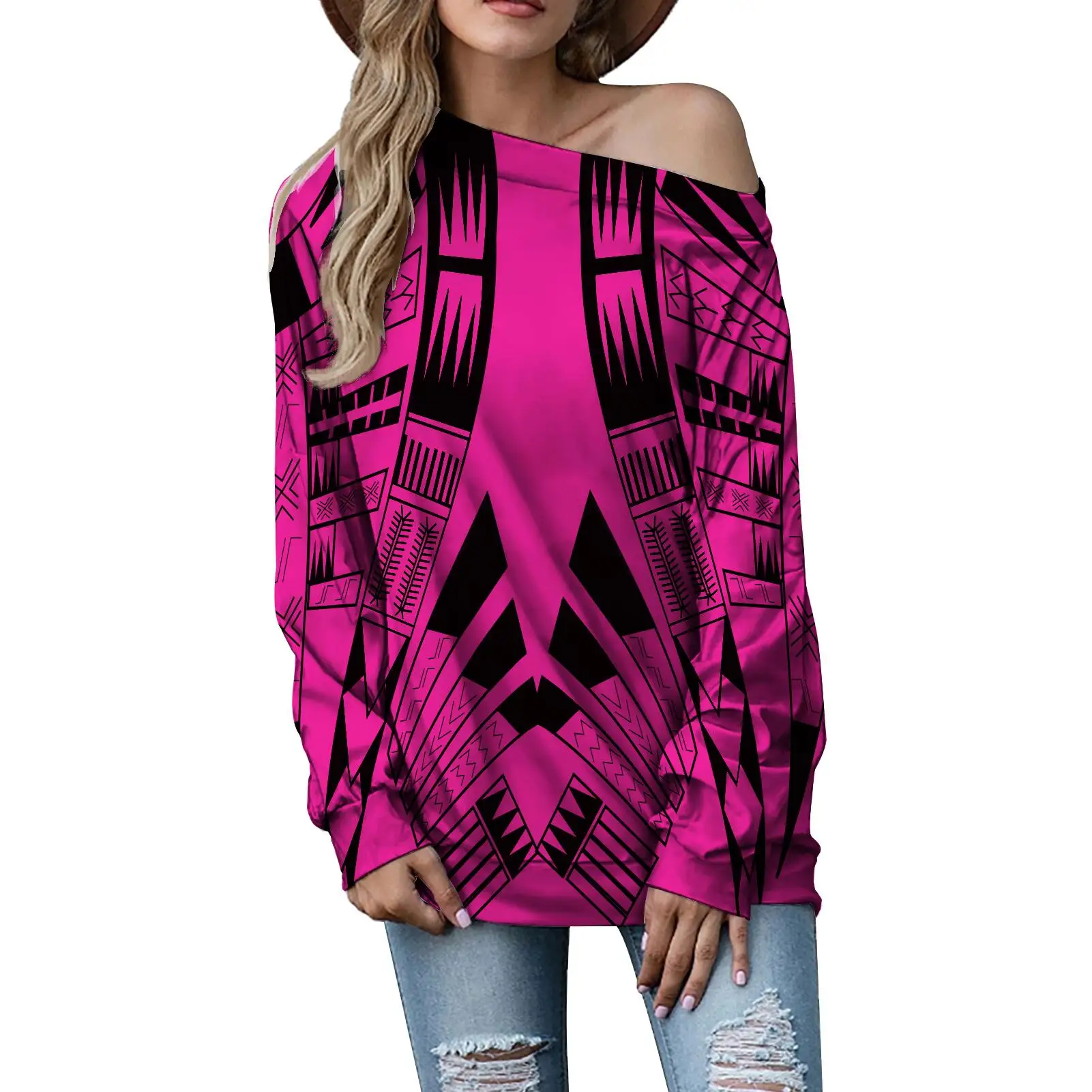 

Sinosun Polynesian Hawaii Tonga Fabric Blouse Women Long Sleeve Shirts Off Shoulder Sweater for Women