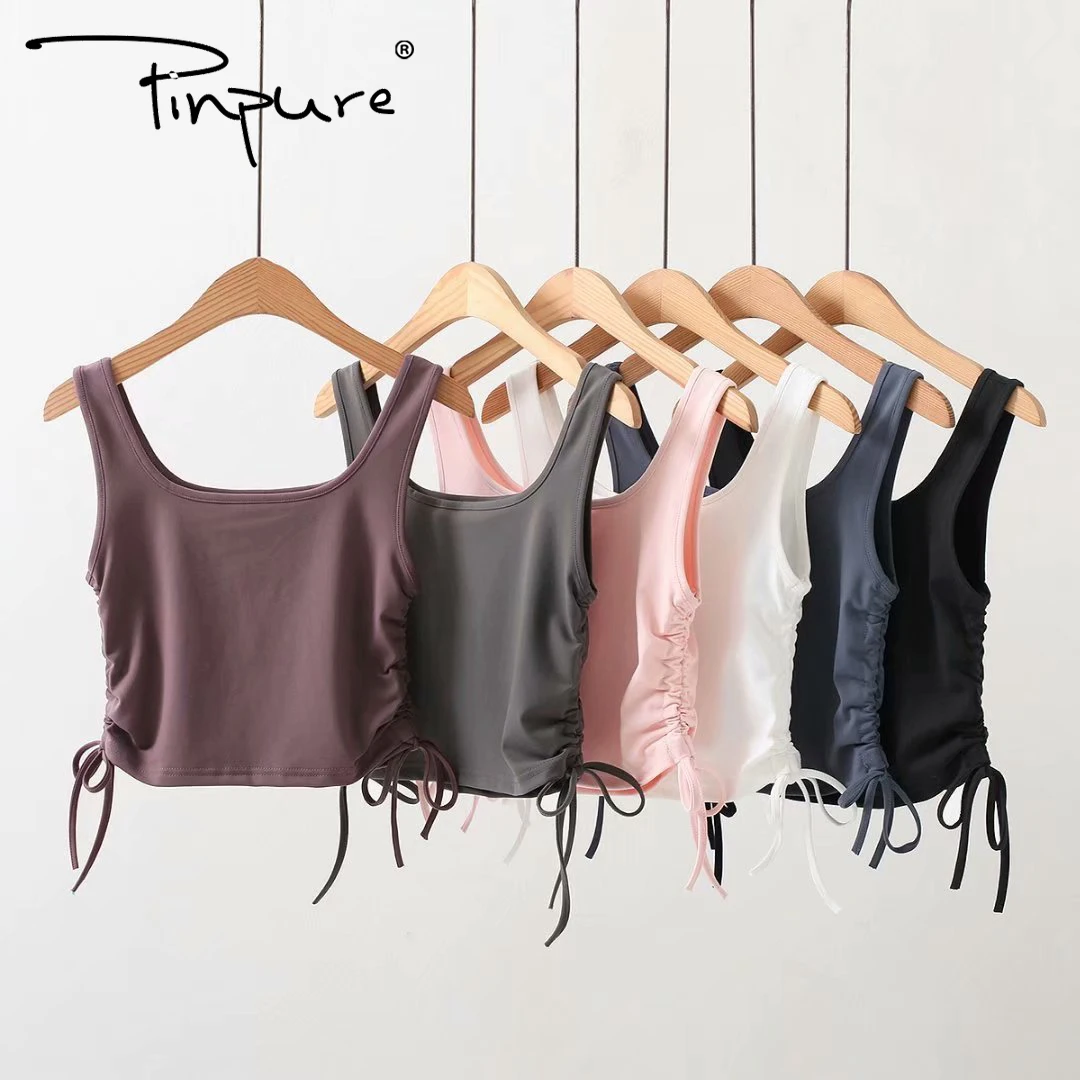 

R51020S 2020 Solid color high elastic side drawstring flat vest top camisole top, As picture