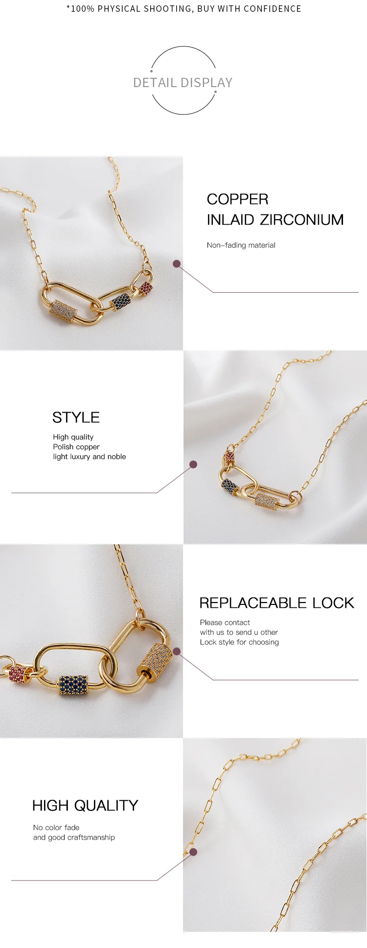 Three Locks Interlocking Necklace Gold Plated Copper Inlaid Zirconium Carabiner Screw Locks