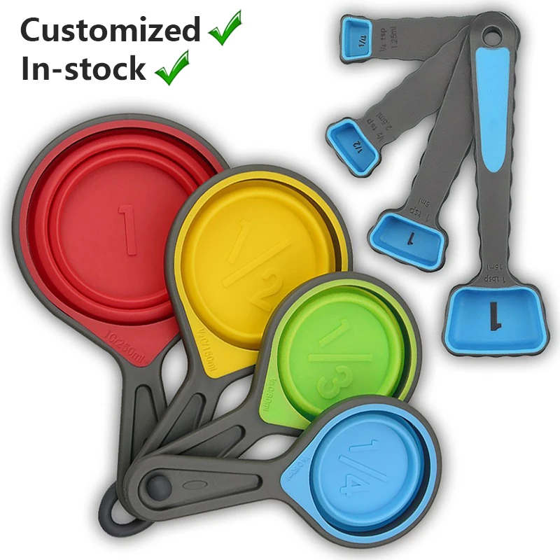 

Customised BPA Free Adjustable Measuring Tools Collapsible 8 Pcs Silicone Measuring Cups and Spoons Set for Liquid Dry Measuring