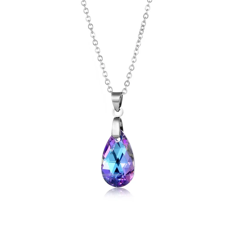 

Hainon Stainless steel necklace purple Colorful water drop Crystal women fashion Necklace gift wholesale