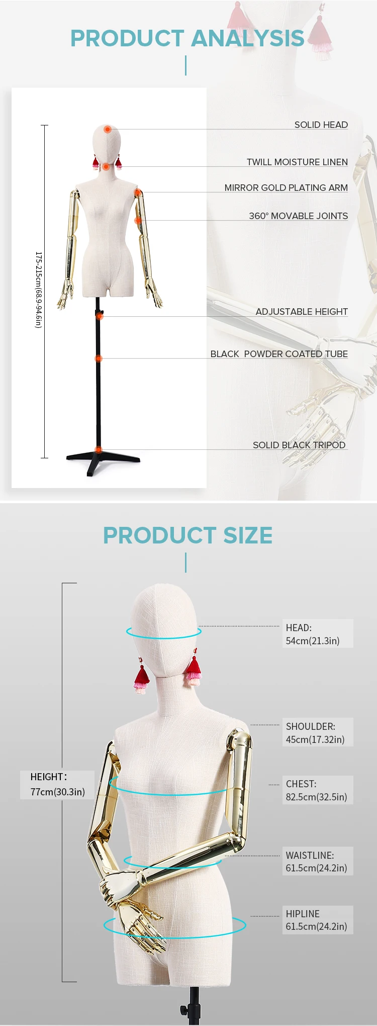 Ruichen Half Body Cloth Mannequin Head Mannequin Adjustable Tailor