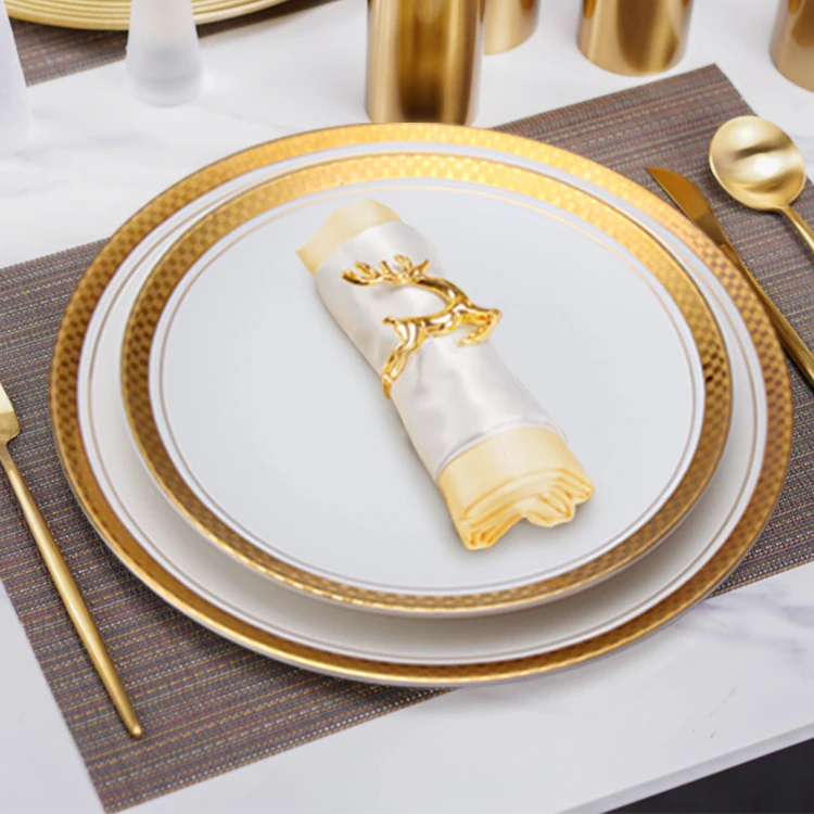 

Luxury Royal Hotel Restaurant Wedding Party White Gold Rimmed Porcelain Ceramic Dinner Plates Dinnerware Sets, White with gold rim