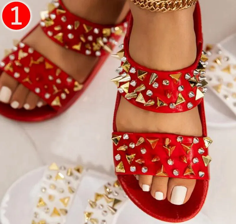 

Latest fashion red rivet sandals women new slippers slides shoes 2021 Hot Sale Big Girl Beautiful Plus Size Sandals slippers