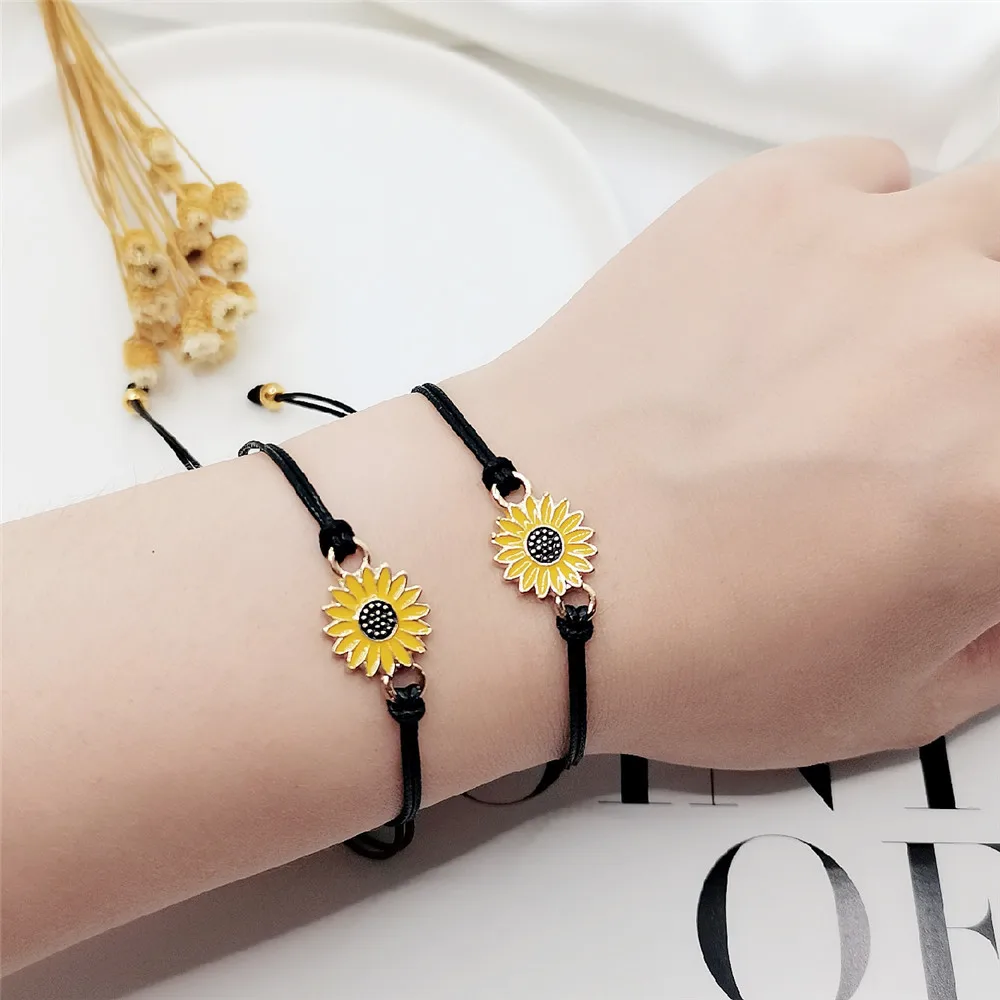 

Hot Selling 2Pcs/Set Lovers Couple Friendship Gift Handmade Jewelry Adjustable Braided Sunflower Charm Bracelet