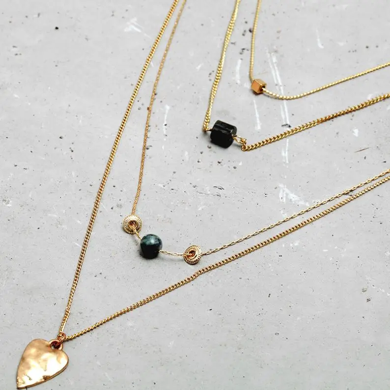 

2021 new arrival women trendy 4 layer gold chains charm necklace heart natural bead pendant collar necklace designs jewelry, Worn gold