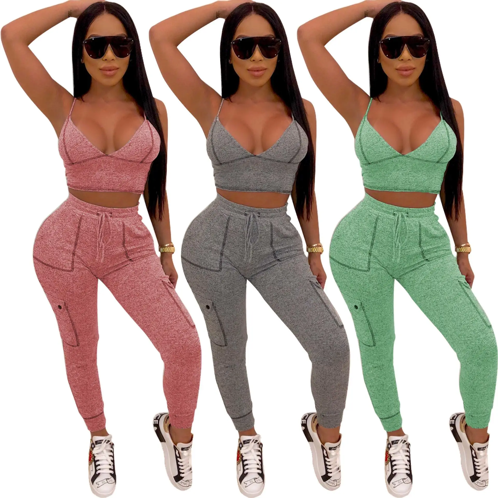 

2021 New Women Summer Clothing Sexy sling deep V-neck Top And Pants 2 piece set Casual Jogging sportswear Two-piece Tracksuits, Customized color