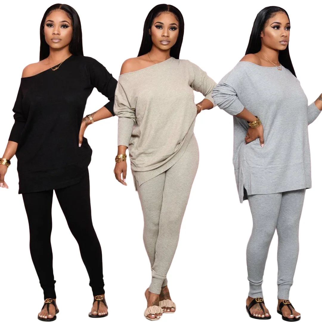 

Two Piece Set Clothing Outfits Casual Long Sleeve Solid Pure Women Stacked Pants Set One Shoulder Two Piece Set