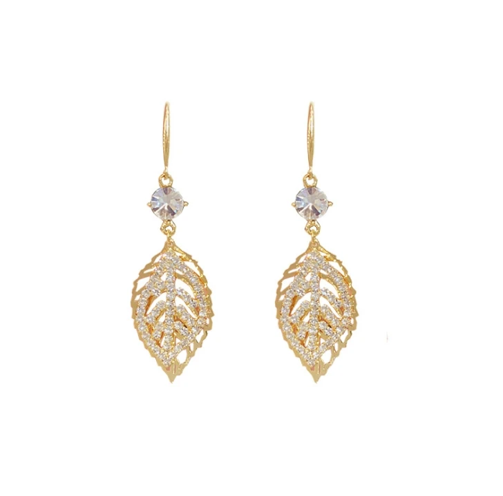 

Hollow leaf long earrings female flash crystal leaf ear hook fashion personality earrings