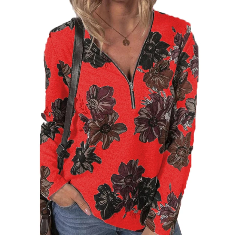 

2021 Women's Zippered Pullover Print Long-Sleeved Loose T-shirt Blouse, Picture showed