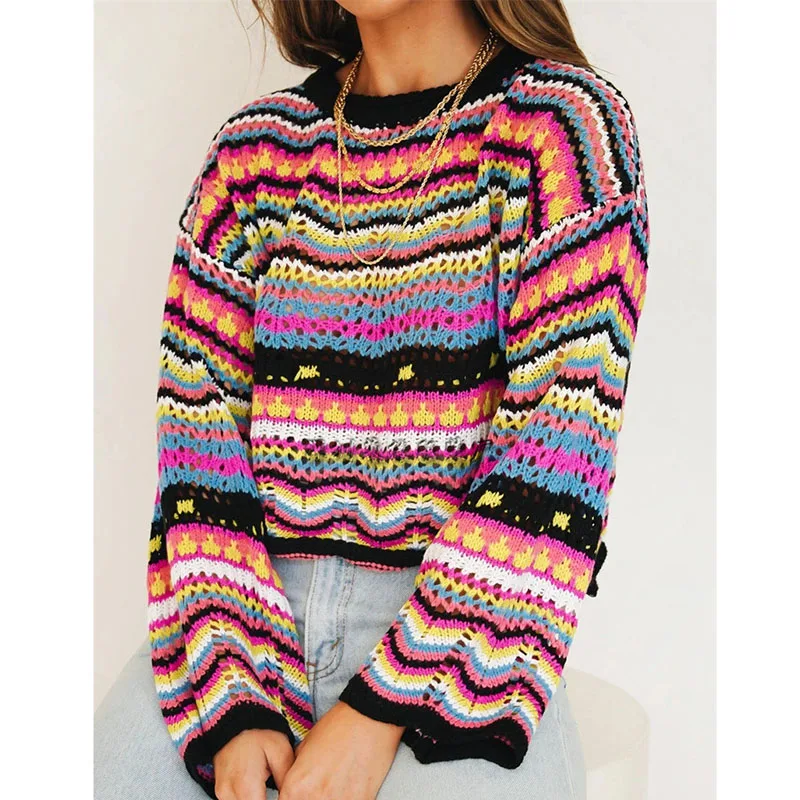 

Fall Winter Ladies Tops 2021 Fashionable Colorful Stripe Knitwear O Neck Sweater For Women