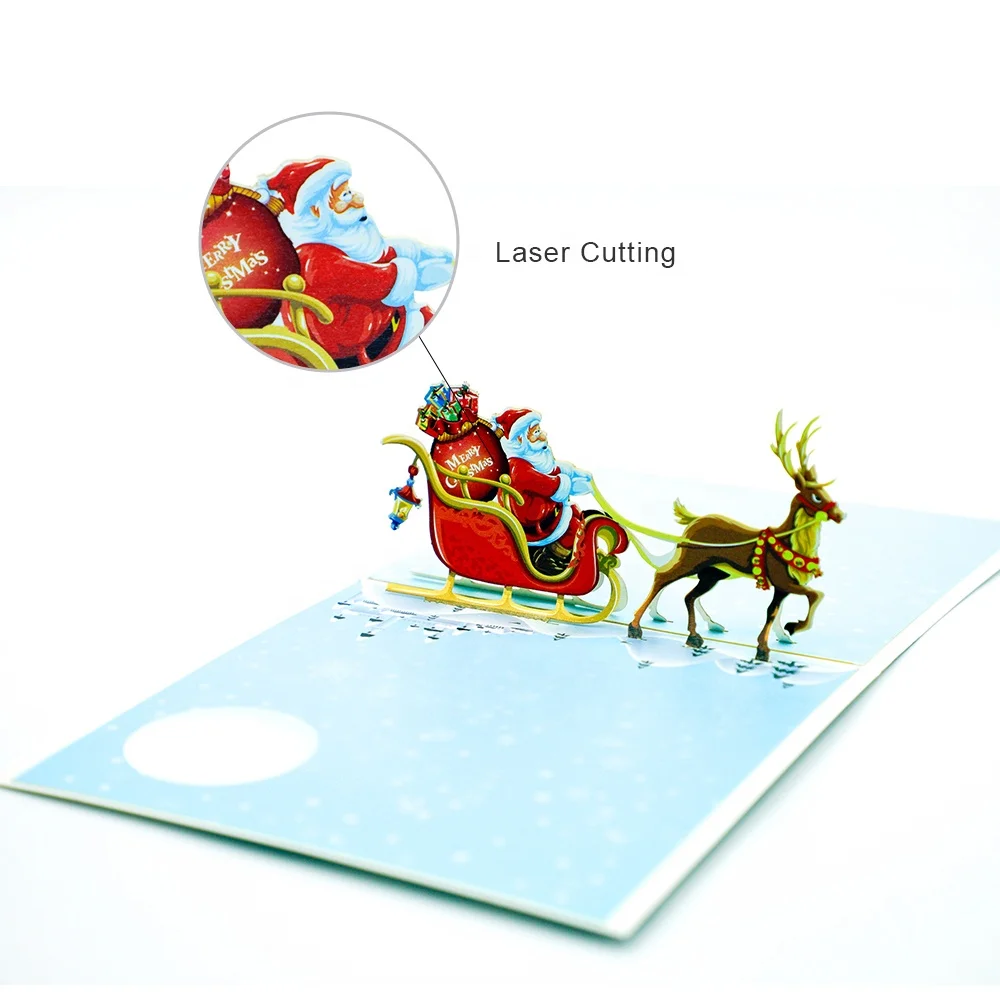 

New Arrival Customized Unique Inspirational Best Wishes Christmas Reindeer Santa Merry Xmas 3D Pop Up Paper Greeting Card