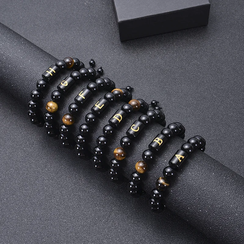 

New Handmade Black Obsidian Stone Protection Wrist Jewelry Adjustable A-Z Letters Alphabet Black Agate For Women Men Bracelet