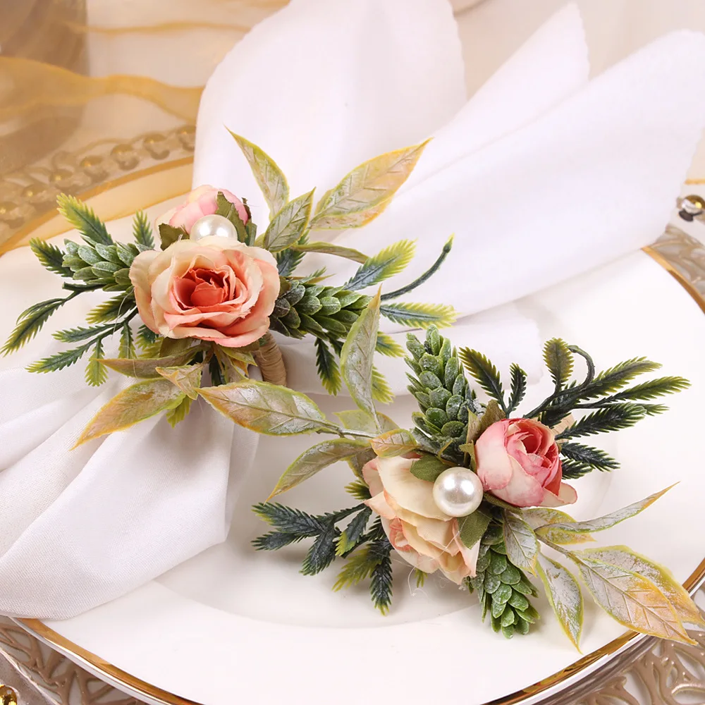 

Wholesale Napkin Holder Ring Double Rose Pine Cone Napkin Ring Handmade DIY Flower Wedding Table Decoration Ornament