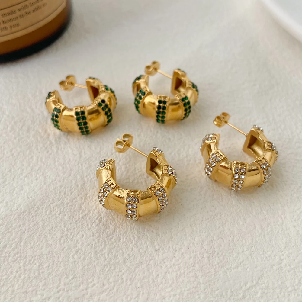 

Fashion Autumn Winter Chunky C Shape Shiny zircon 18K Gold Plated Stainless Steel Hoop Earrings