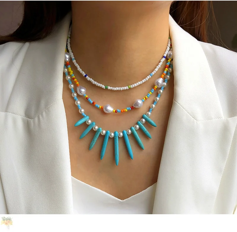 

2021 new jewelry arrivals women beach vacation bohemian seed beaded necklace peal turquoise double layer choker necklace set