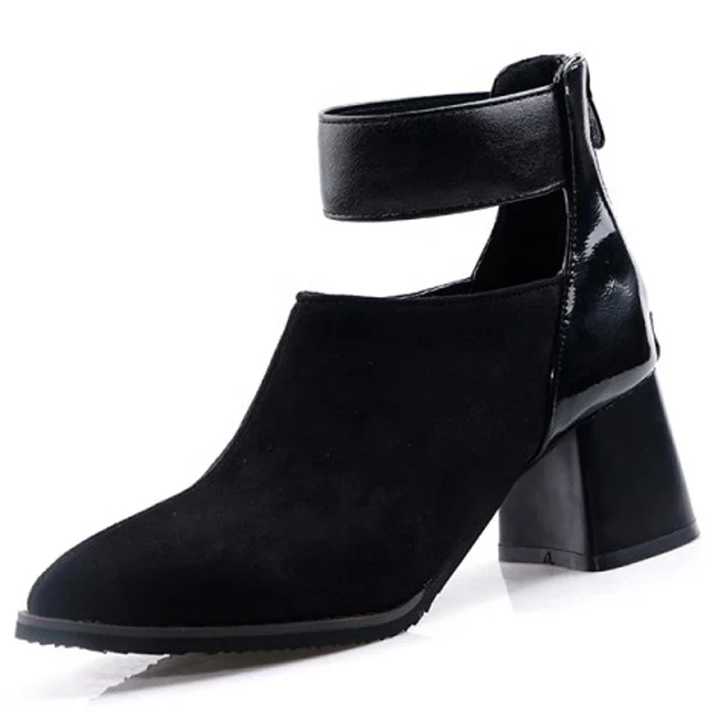 

women square heel boots chunky heel ankle boots shoe sexy pointed toe ankle strap winter short booties pumps, Black brown