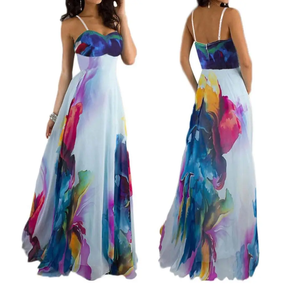 

2020 New Arrival Elegant strapless backless off shoulder floral print chiffon A-Line women ladies casual dresses