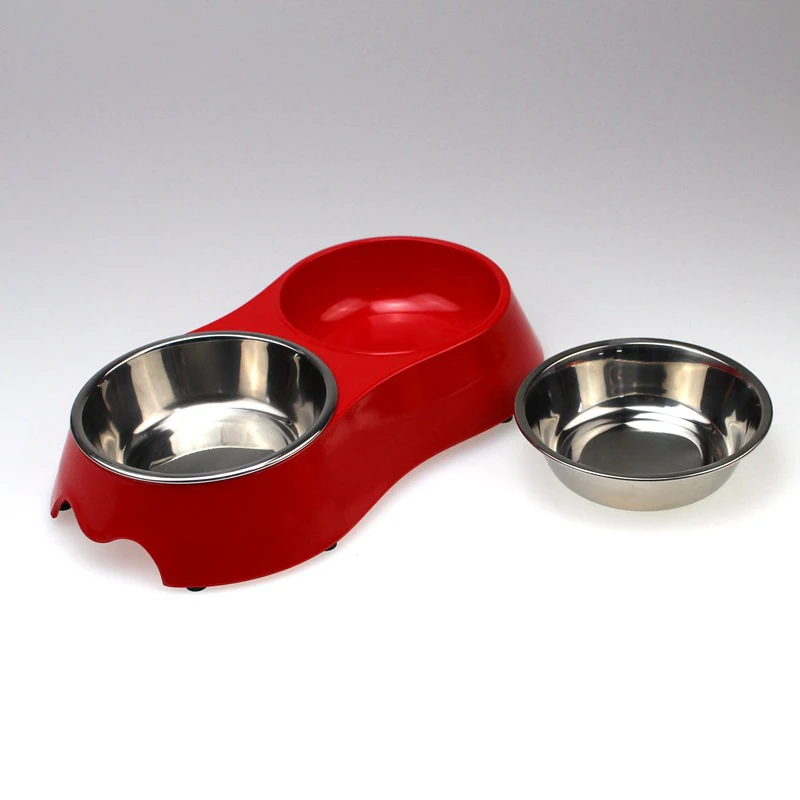 

Factory Wholesale Direct Fashion Solid Color Thickened Strong And Durable Plastic Stainless Steel Dog Cat Double Bowl, Customized color