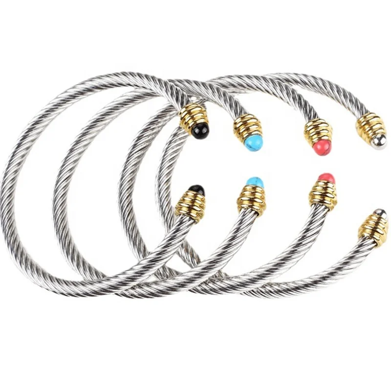 

Fashion Jewelry Waterproof Simple Gold Plated Open Cuff Bangle Stainless Steel Twist Cable Wire Bracelet For Women