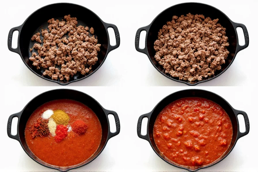 Step-by-step preparation of taco chili in cast iron pot with ground beef, tomatoes, and spices