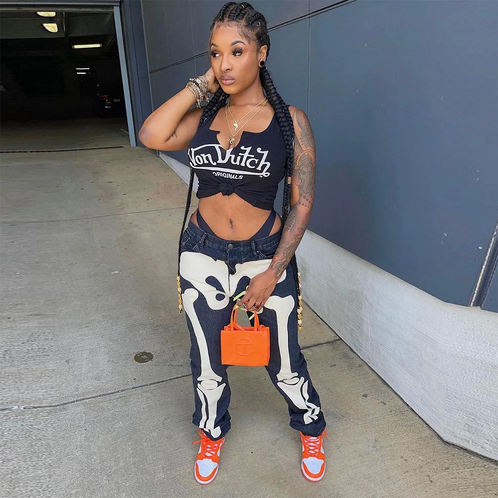 

2022 New Arrivals Hallowmas Wear Para Position Applique Skull Embroidery Pants Trousers Crazy Black Bones Jeans For Women, Gray/black/light blue