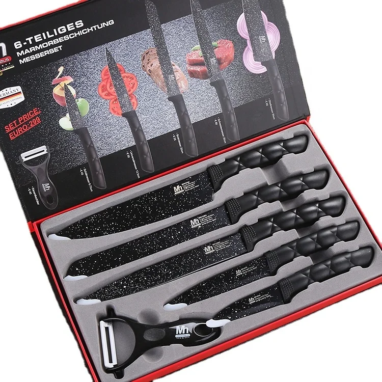 

Germany MH demascus Non stick coating set of knives gift box 6pcs kitchen knife sets stainless steel with block