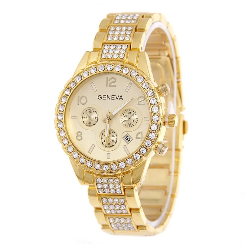 

Fashion Geneva Men and Women Gold Steel Band Watch Diamond Three-eye Calendar Alloy Steel Band Quartz Watch, 3 colors