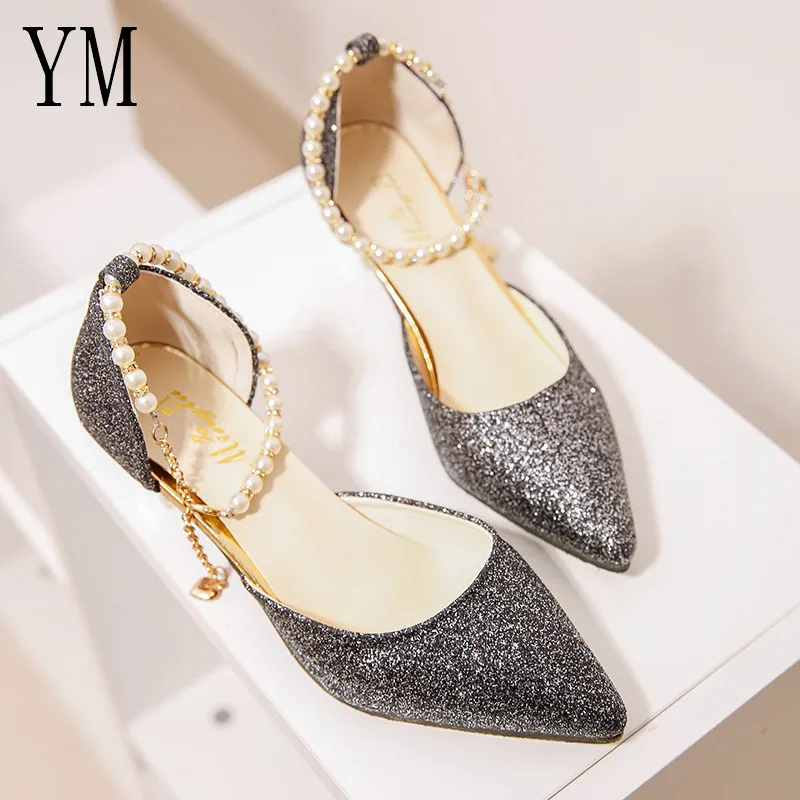 

Sexy Pointed toe Pearl High heels shoes Female Fashion hollow with Sandals Paillette of the Thin Breathable shoes Women Pumps Pumps