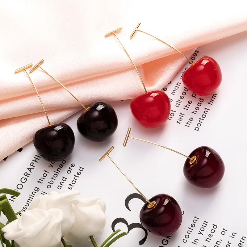 

Korean Sweet Lovely Red Cherry Fruit Shape Acrylic Resin Drop Alloy Earrings for Women Girl, Picture shown