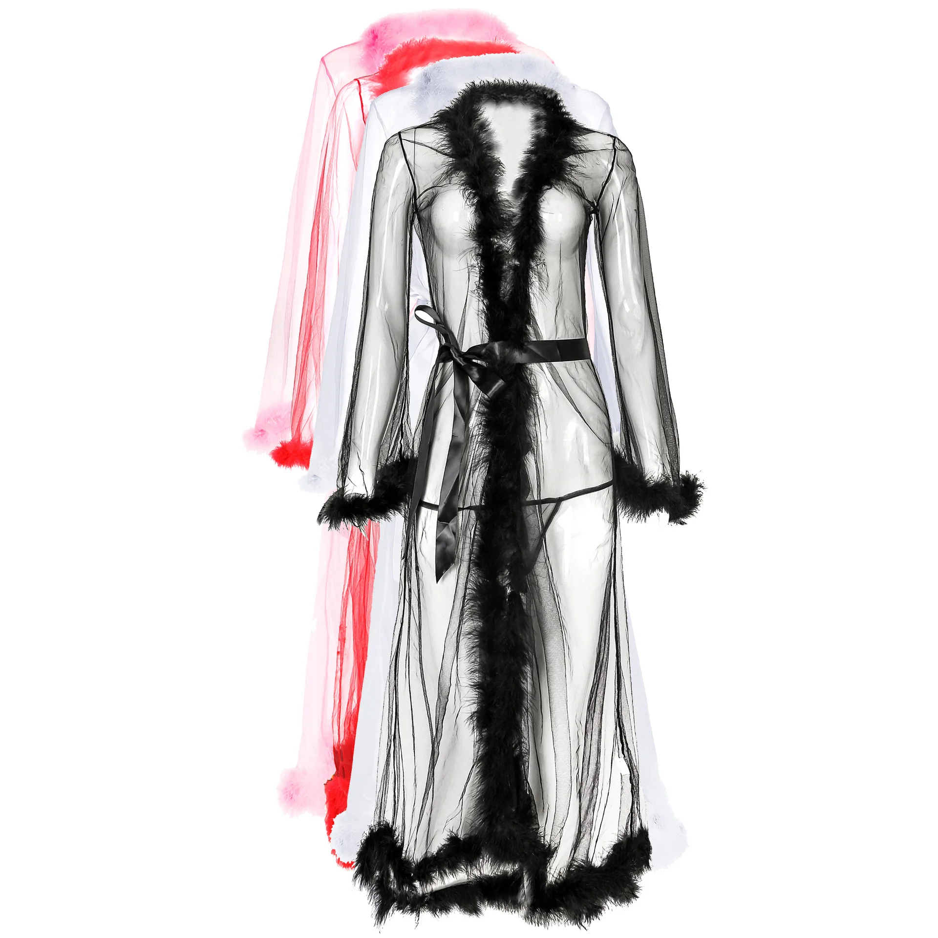

Sexy One Piece Lingerie Vendor New Arrival Long Hot Women Fur Sheer Robe Mesh Trim Sexy Cheap Women Lingerie
