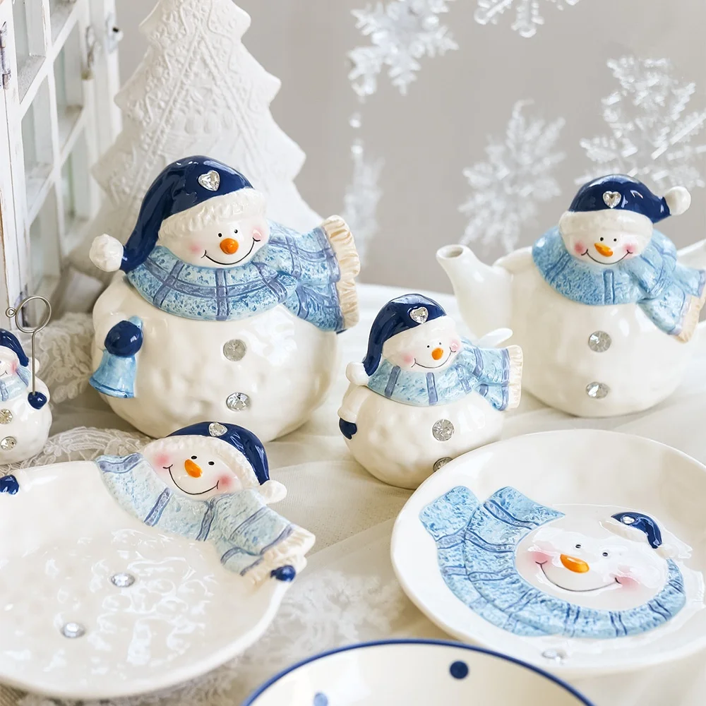 

Hot Christmas Gift Snowman Home Decors Ceramic Dinnerware Sets, Light blue
